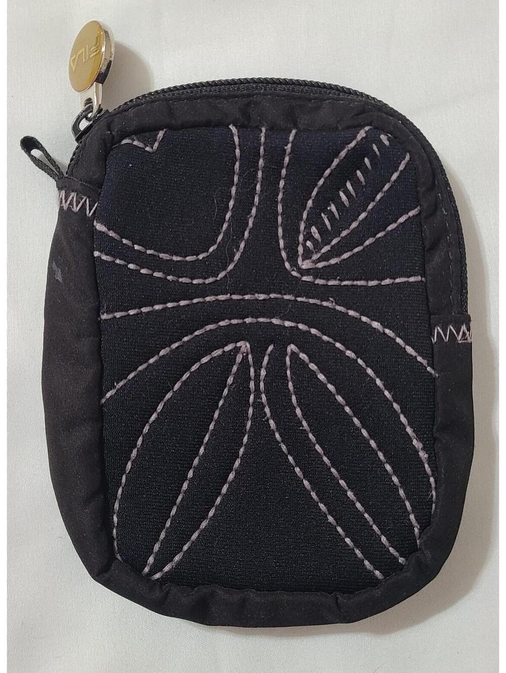 FILA Mini Zip Coin Pouch  Black Quilted Stitch Sport Wallet Key Case Travel EUC